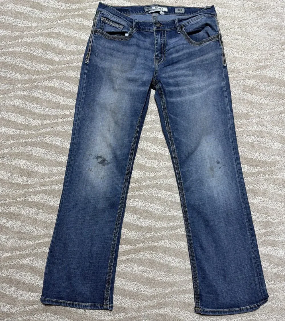BKE Derek 33R Bootleg Denim Jeans Med Wash Thick Stitch Workwear Stained 33x31